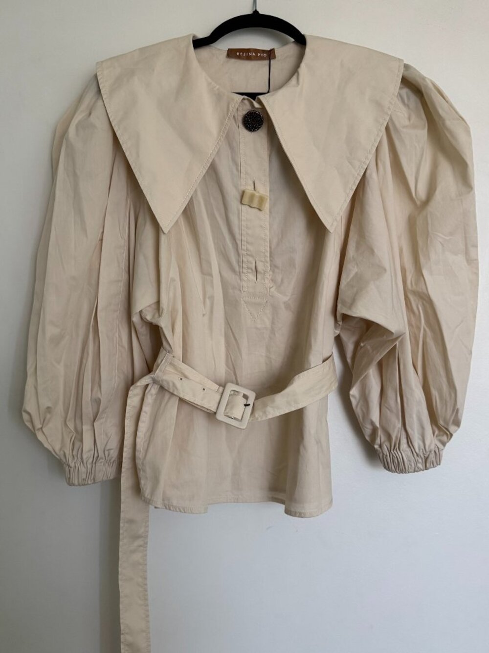 Rejina Pyo Oversized Collar Belted Puff Sleeve Blouse Organic Cotton Cream UK 8